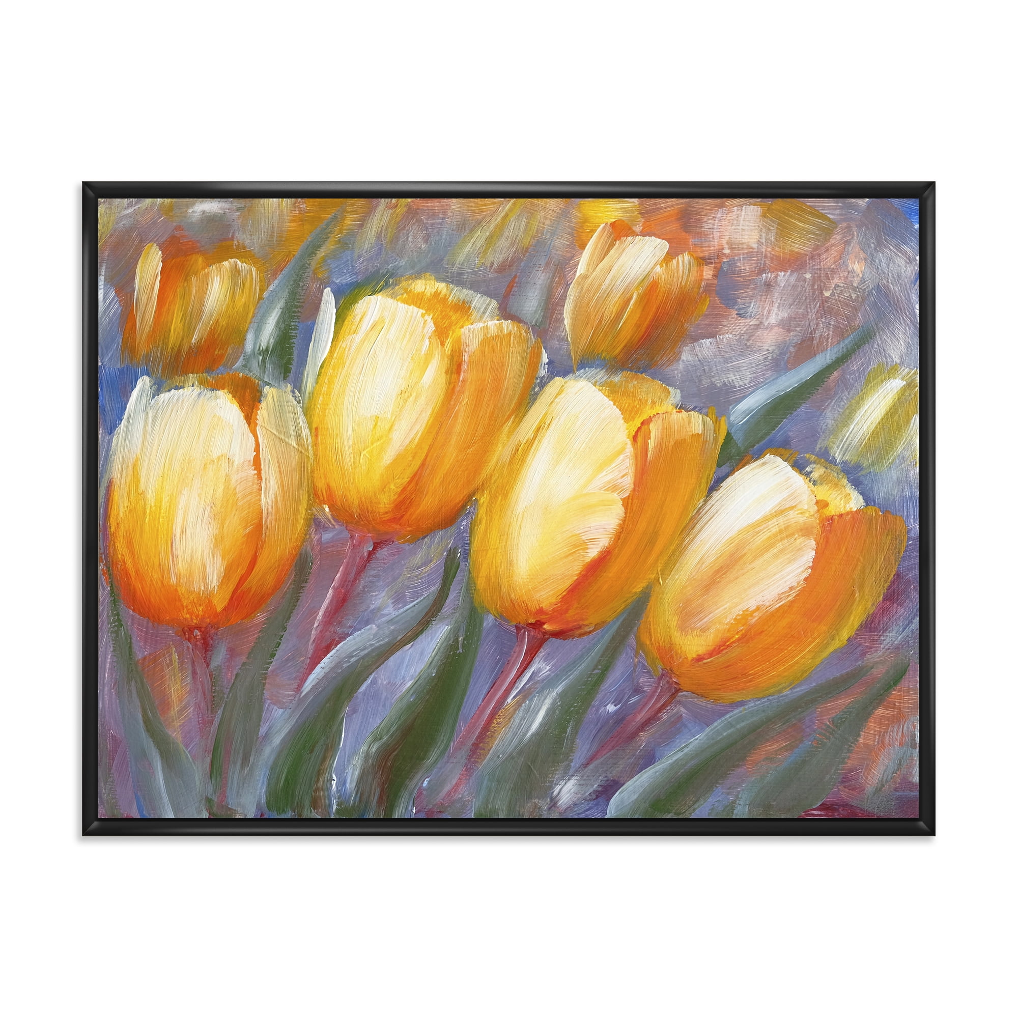 Designart 'Abstract Yellow Blooming Tulips' Traditional Framed Canvas Wall Art Print