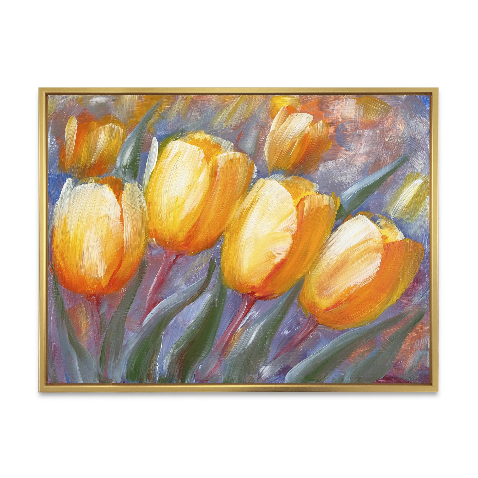 Designart 'Abstract Yellow Blooming Tulips' Traditional Framed Canvas Wall Art Print