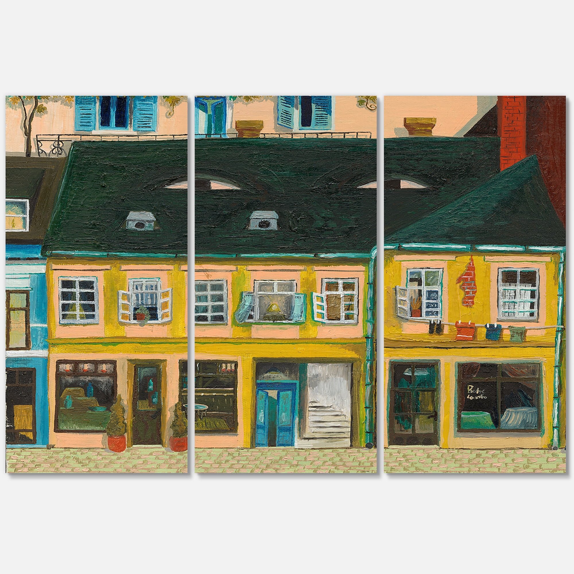 Designart ' Abstract Yellow Facade of Houses In Street In Paris ' French Country Canvas Wall Art Print
