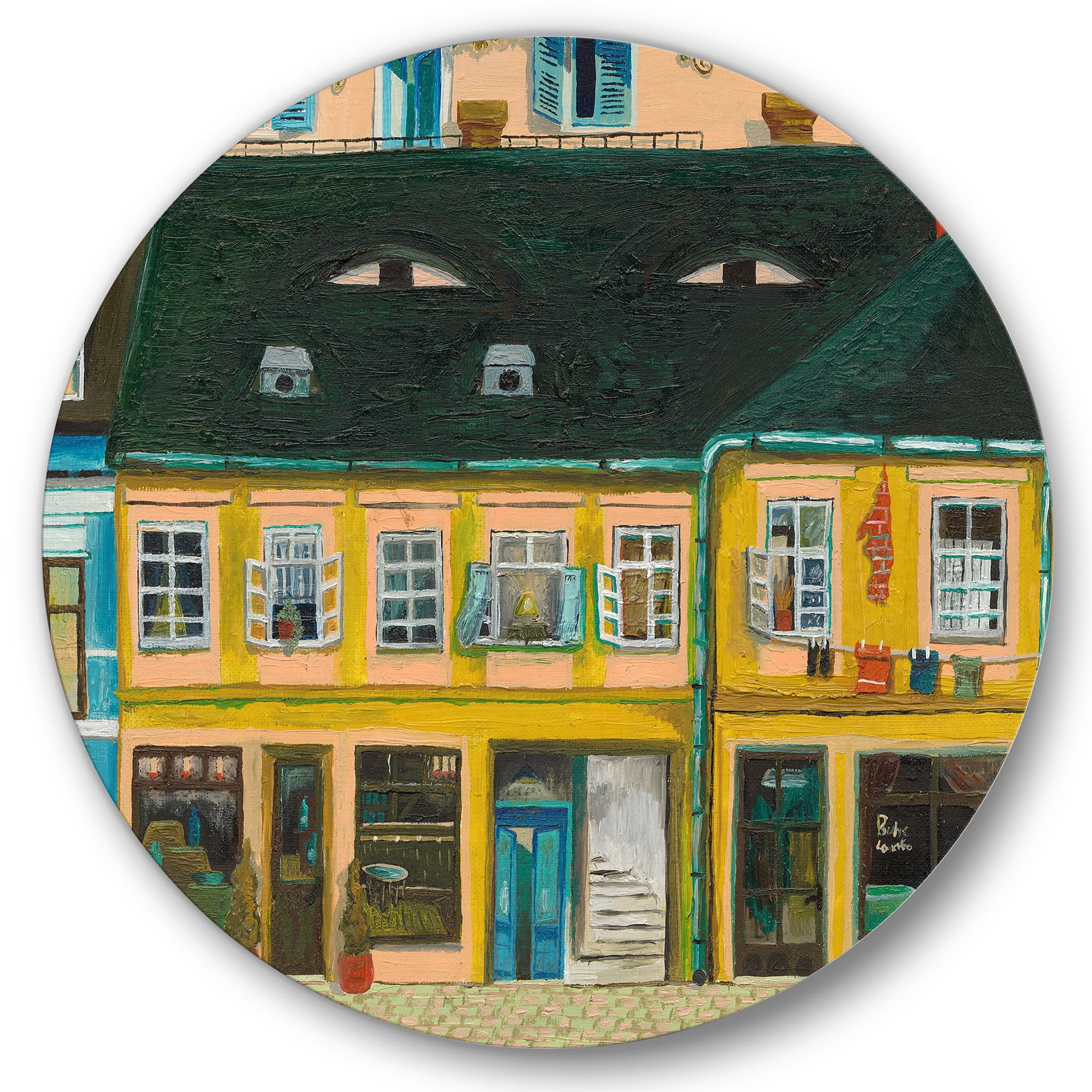Designart 'Abstract Yellow Facade of Houses In Street In Paris' French Country Circle Metal Wall Art 11x11 - Disc of 11