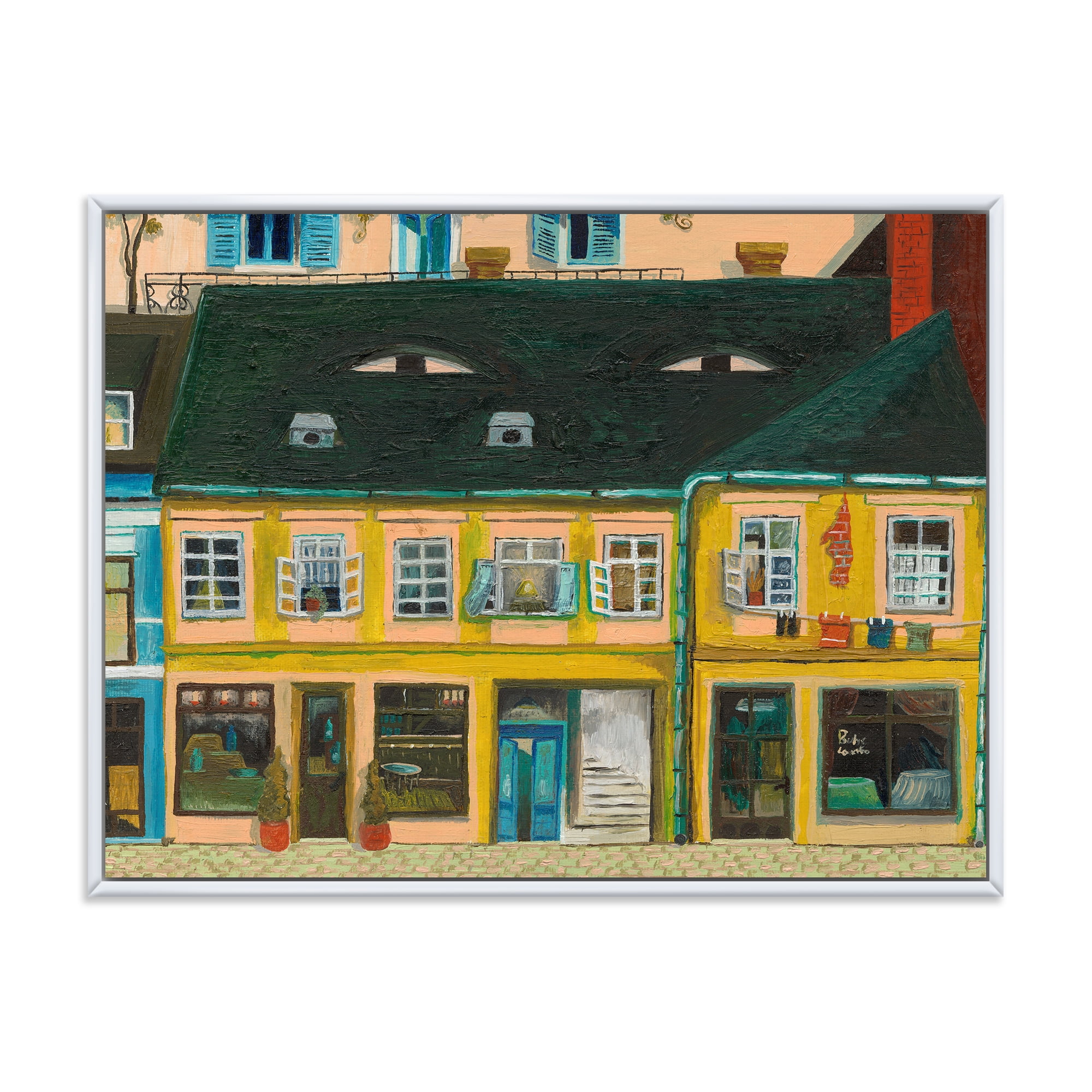 Designart 'Abstract Yellow Facade of Houses In Street In Paris' French Country Framed Canvas Wall Art Print