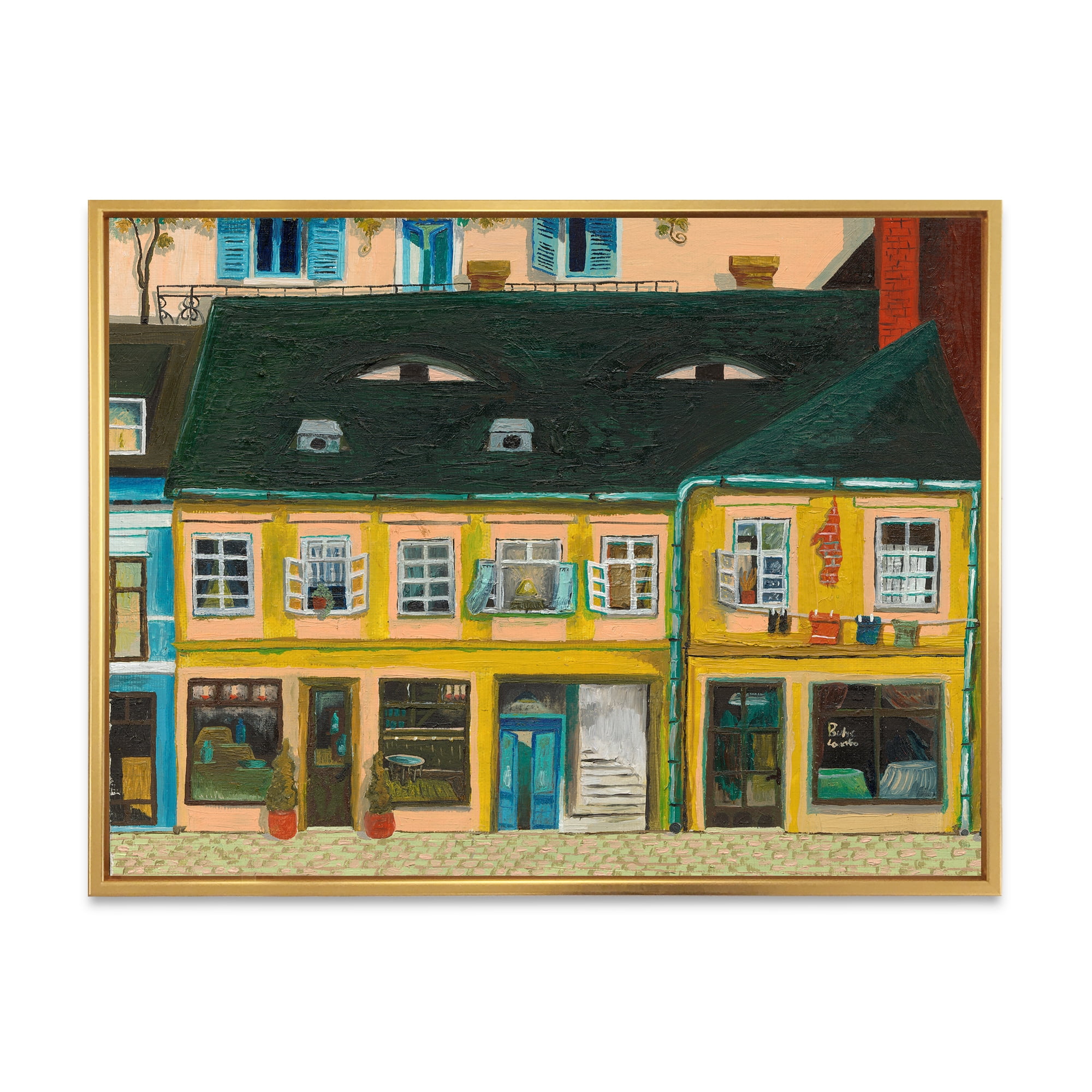 Designart 'Abstract Yellow Facade of Houses In Street In Paris' French Country Framed Canvas Wall Art Print