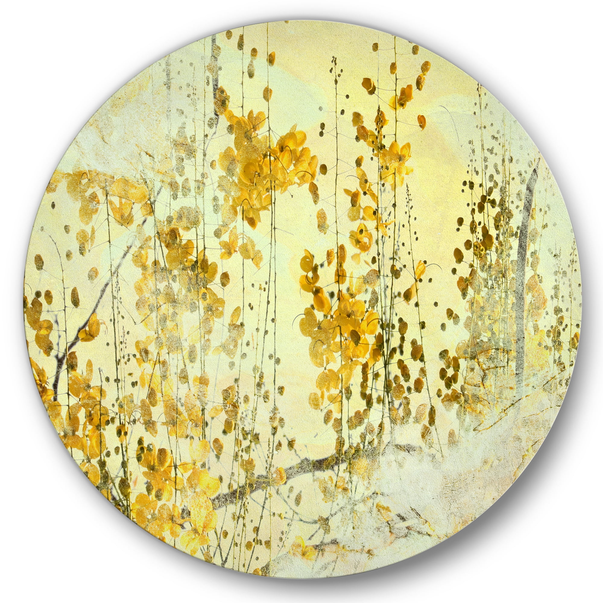 Designart 'Abstract Yellow Flower Grunge Art' Modern Circle Metal Wall Art 29x29 - Disc of 29