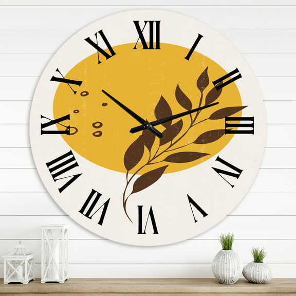 Designart 'Abstract Yellow Sun And Moon With Tropical Leaf Ii' Modern Wall Clock