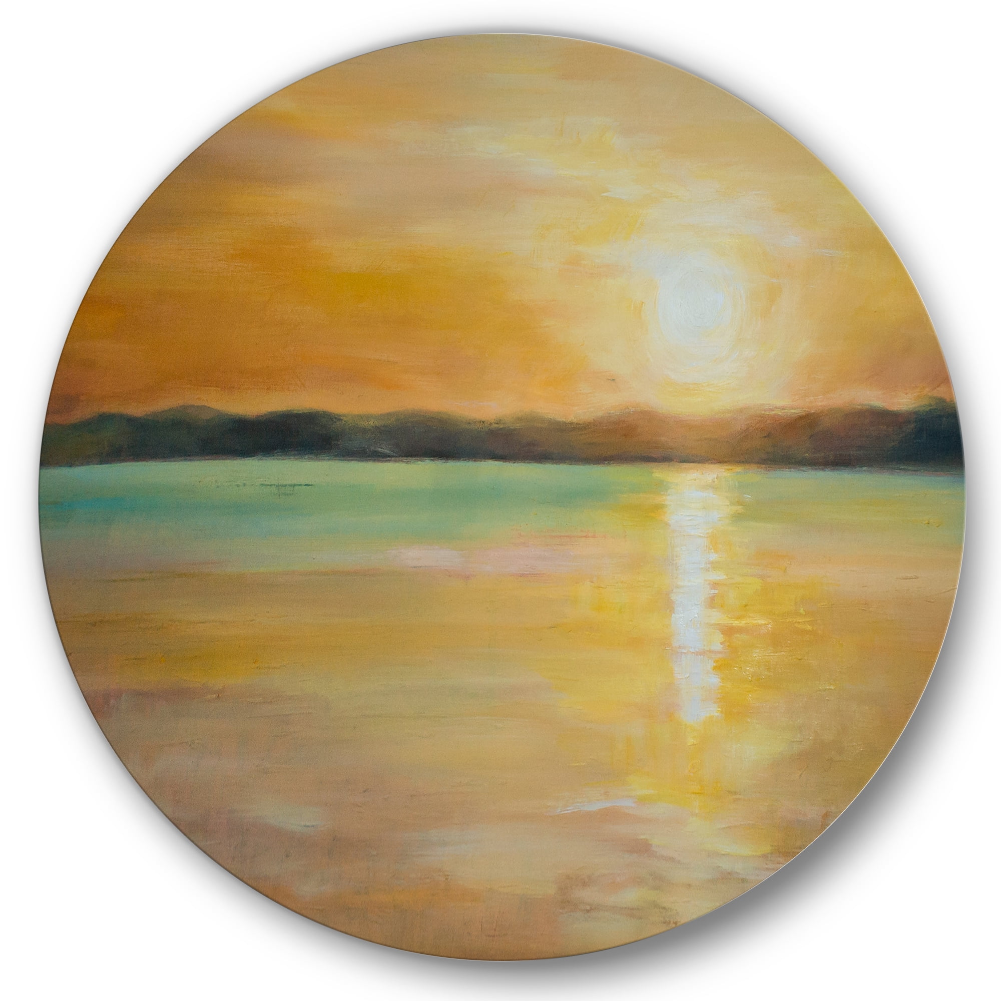 Designart 'Abstract Yellow Sunset At The Horizon' Nautical & Coastal Circle Metal Wall Art 29x29 - Disc of 29