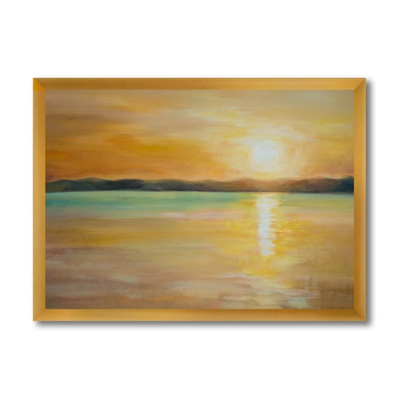 Designart 'Abstract Yellow Sunset At The Horizon' Nautical & Coastal Framed Art Print
