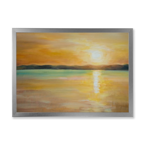 Designart 'Abstract Yellow Sunset At The Horizon' Nautical & Coastal Framed Art Print