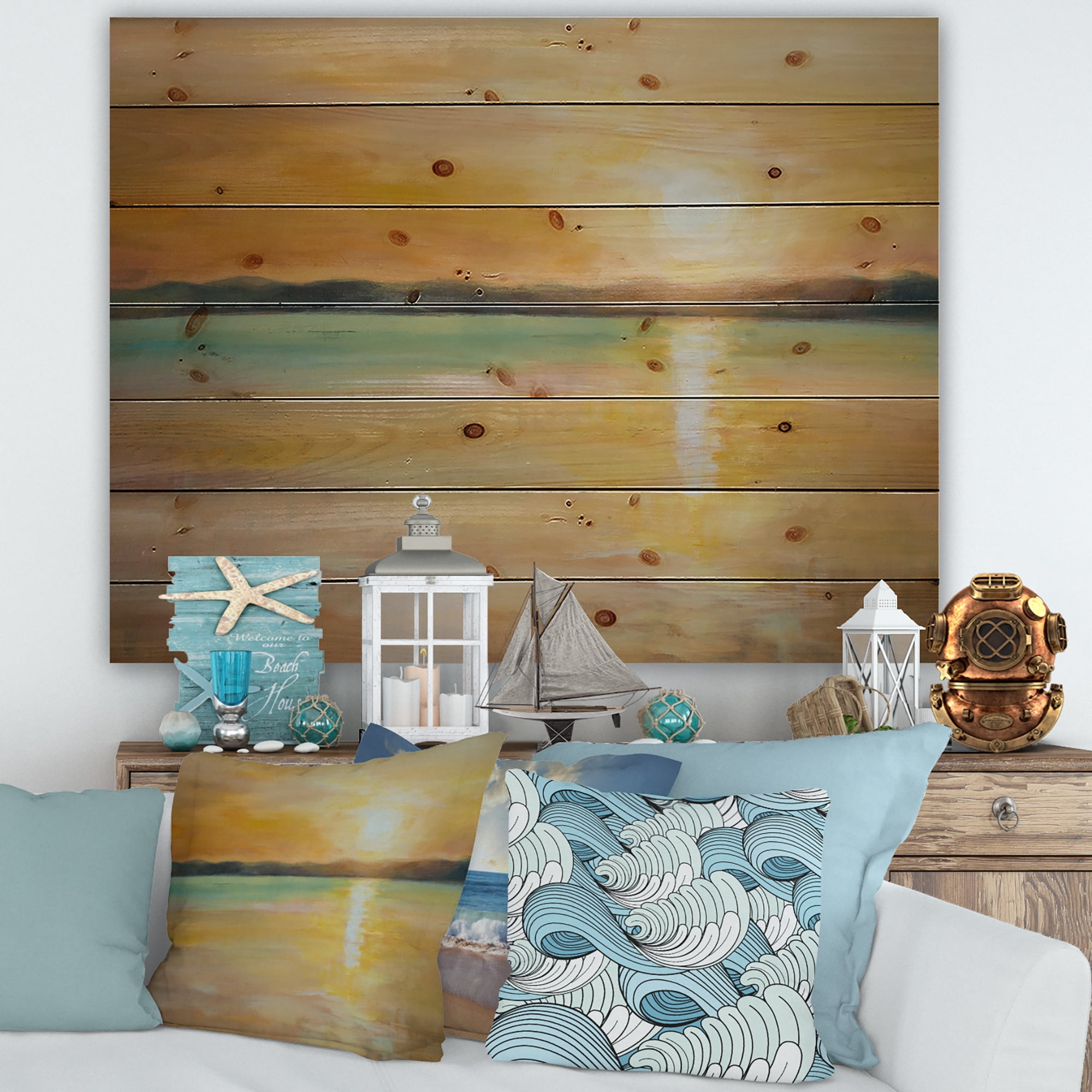 Designart 'Abstract Yellow Sunset At The Horizon' Nautical & Coastal Print on Natural Pine Wood