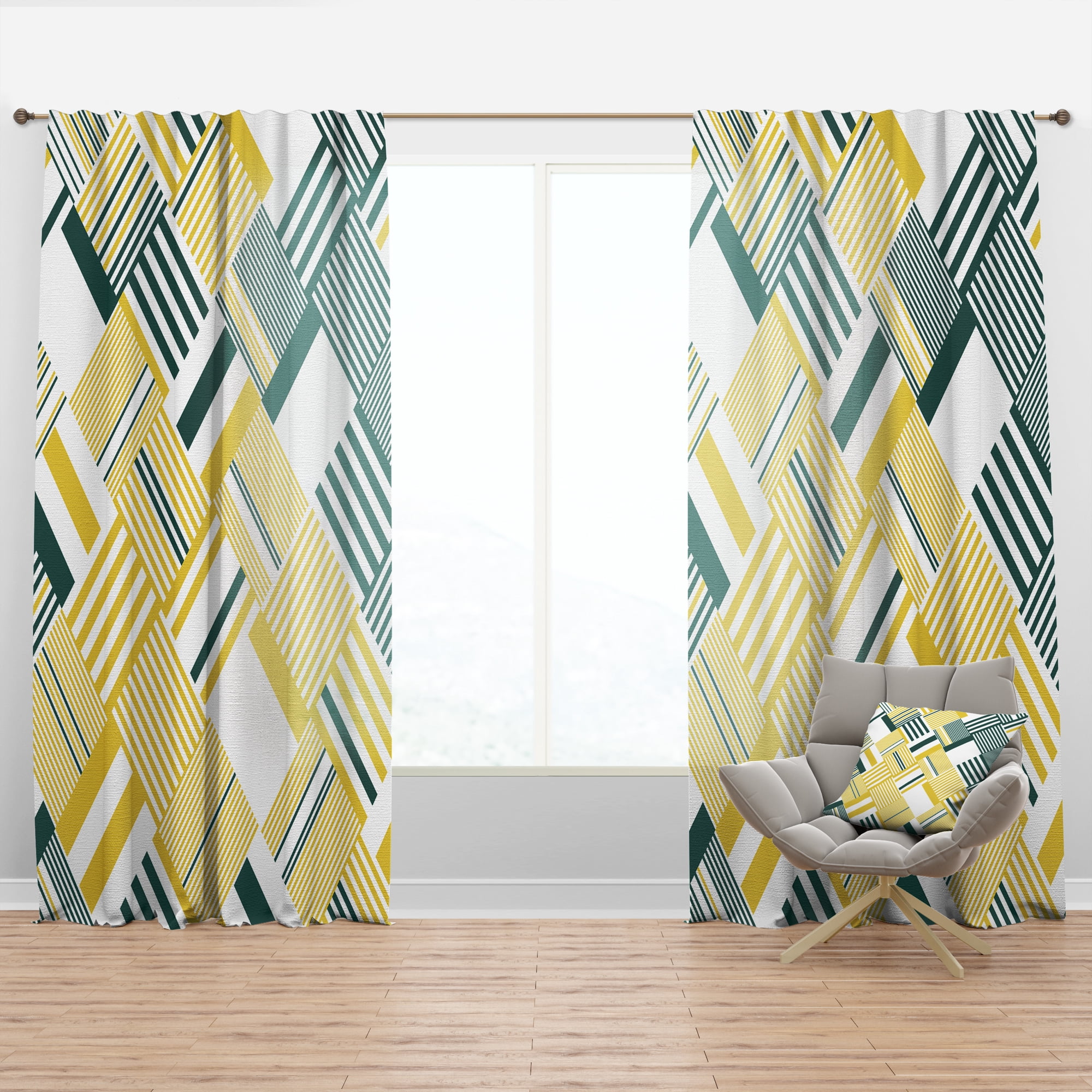 Designart 'Abstract Yellow and Green Diagonal Stripe Pattern' Mid-Century Modern Curtain Panel