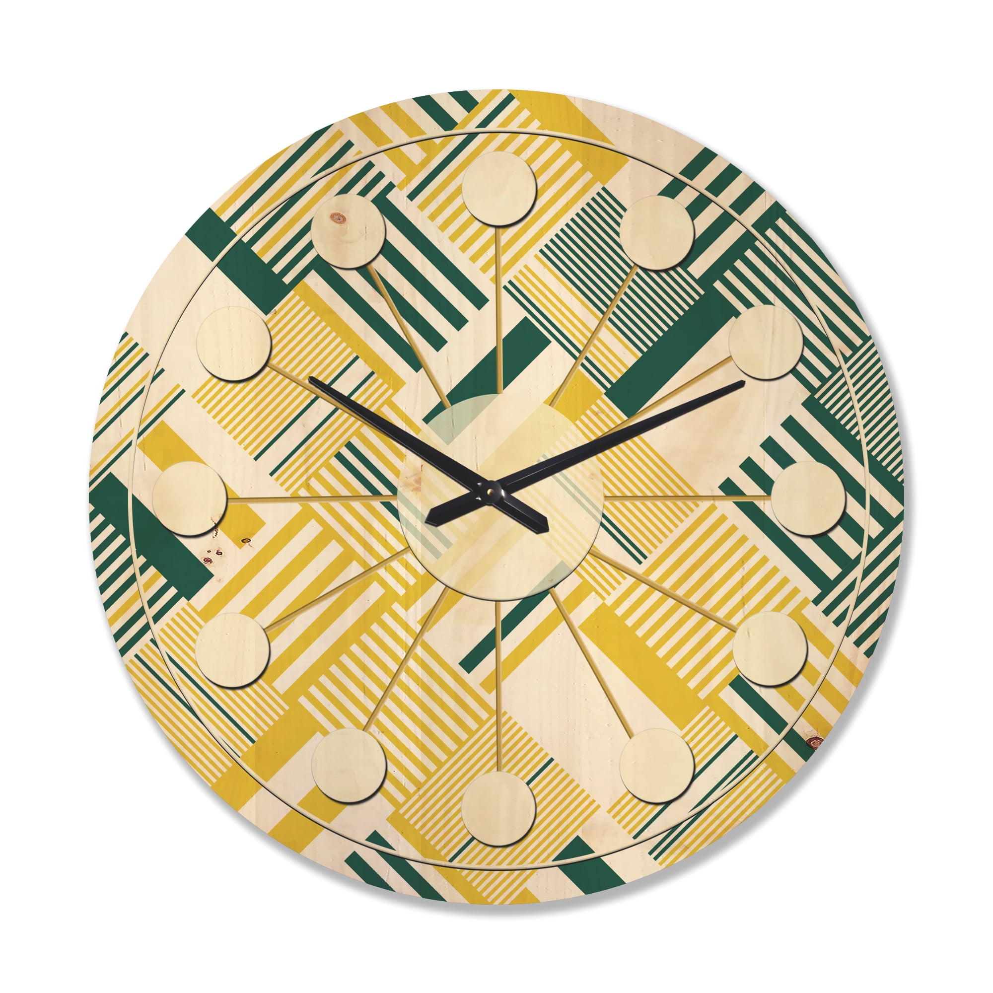 Designart 'Abstract Yellow and Green Diagonal Stripe Pattern' Mid-Century Modern Wood Wall Clock