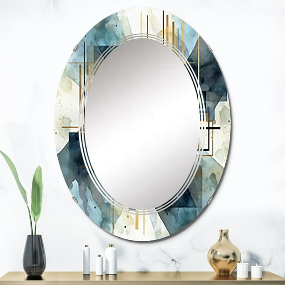 Designart "Abstracted Realities Gold Blue Composition" Abstract Shapes Round Wall Mirror - Modern Oval Printed Decorative Oversized Mirror - Multiple Color Options