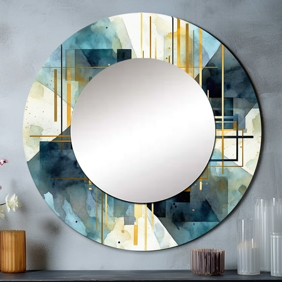Designart "Abstracted Realities Gold Blue Composition" Abstract Shapes Rund Mirror For Wall Decor - Large Gold Round Printed Mirror - Modern Round Mirror 23" x 23" Inch