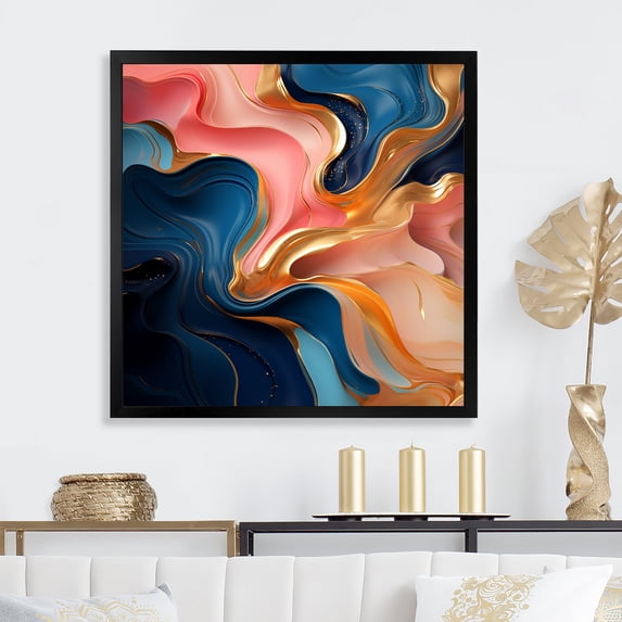 Designart "Abstraction of Pink and Gold Liquid Ink III" Abstract Framed Wall Art Decor - Modern Pink Abstract Liquid Ink Entryway Framed Wall Art Print