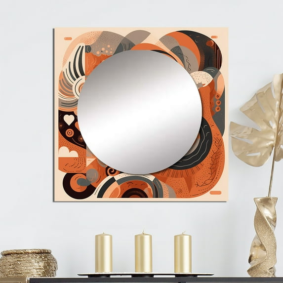 Designart "Abstractions in Evolution IV" Modern Midcentury Square Mirror Wall Decor Mid-Century - Large Orange Square Bathroom Mirror - Square Printed Wall Mirror Art