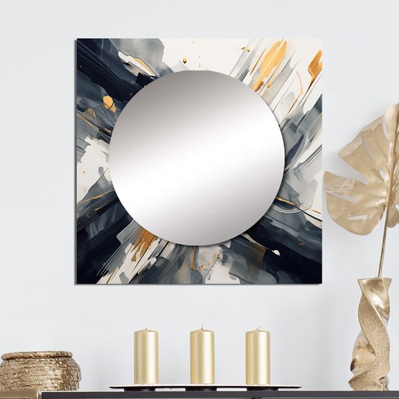 Designart "Abstractions in Gold and Grey I" Abstract Shapes Grey Large Square Mirror - Square Bedroom Mirror Printed Wall Decor - Transitional Square Printed Wall Mirror Art