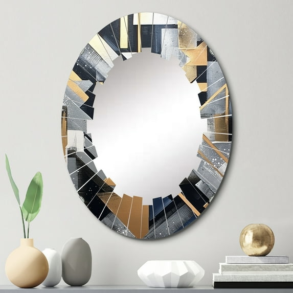 Designart "Abstractions in Gold and Grey III" Abstract Shapes Round Wall Mirror - Modern Oval Printed Decorative Oversized Mirror - Multiple Color Options