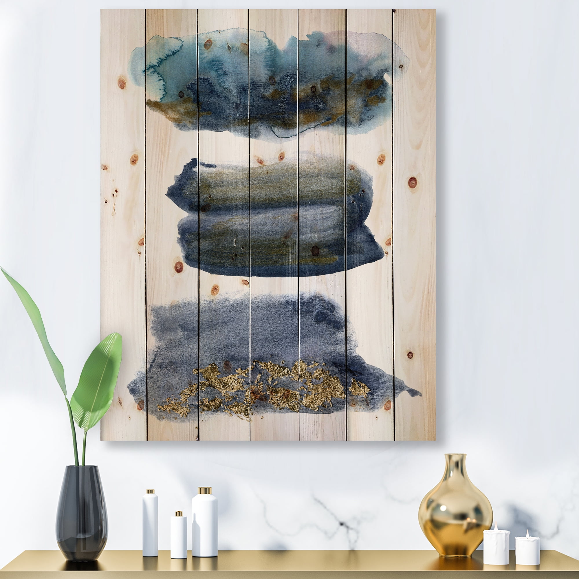 Designart 'Abstracts Clouds With Golden Touches' Modern Print on Natural Pine Wood