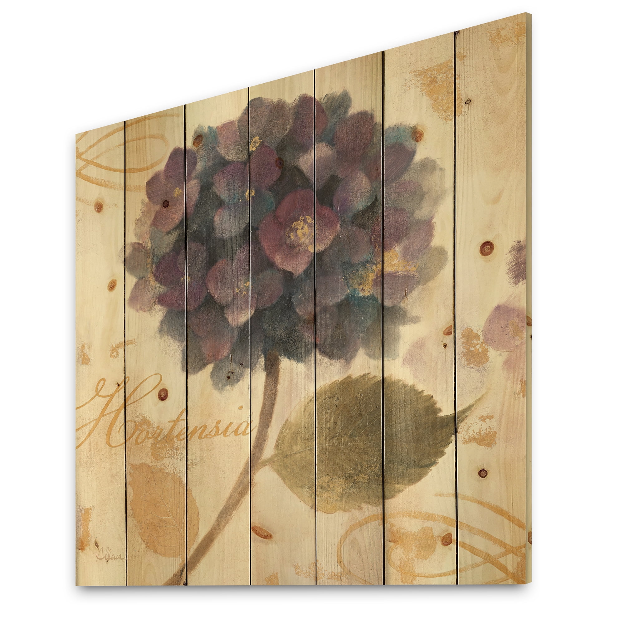 Designart 'Abundant Purple Hydrangea Flower I' Floral Cottage Print on Natural Pine Wood
