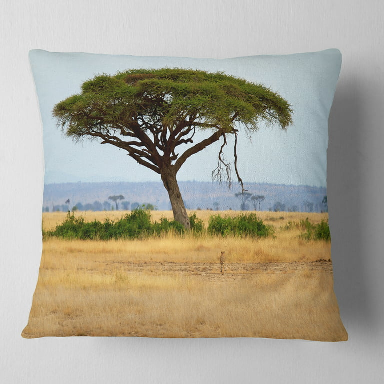 Designart Acadia Tree and Cheetah in Africa - African Landscape Printed Throw  Pillow - 18x18 