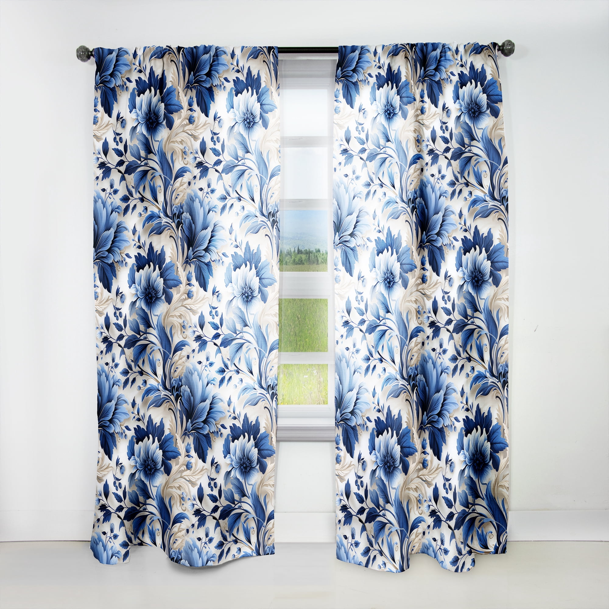 Designart "Acanthus Leaves In Cobalt Blue I" Floral Blue Curtain 1 ...