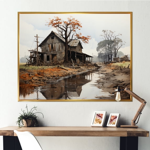 Designart "Achromatic Gloom of the Great Depression I" Landscapes Floater Framed Wall Decor