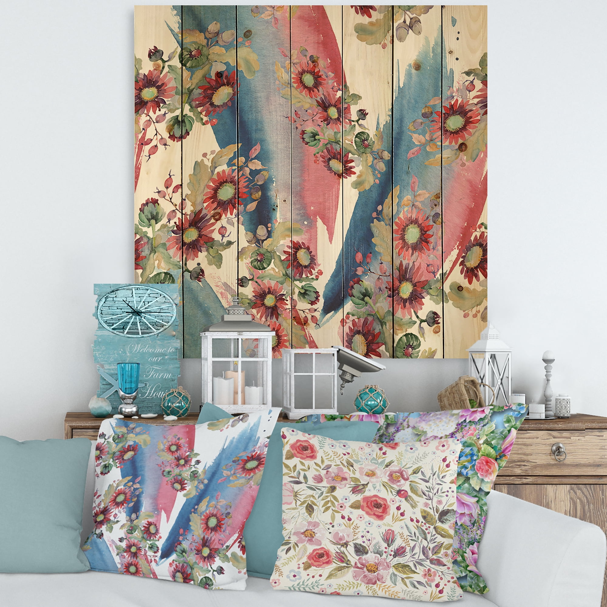Designart 'Acorn Bouquet and Red Aster' Modern Print on Natural Pine Wood