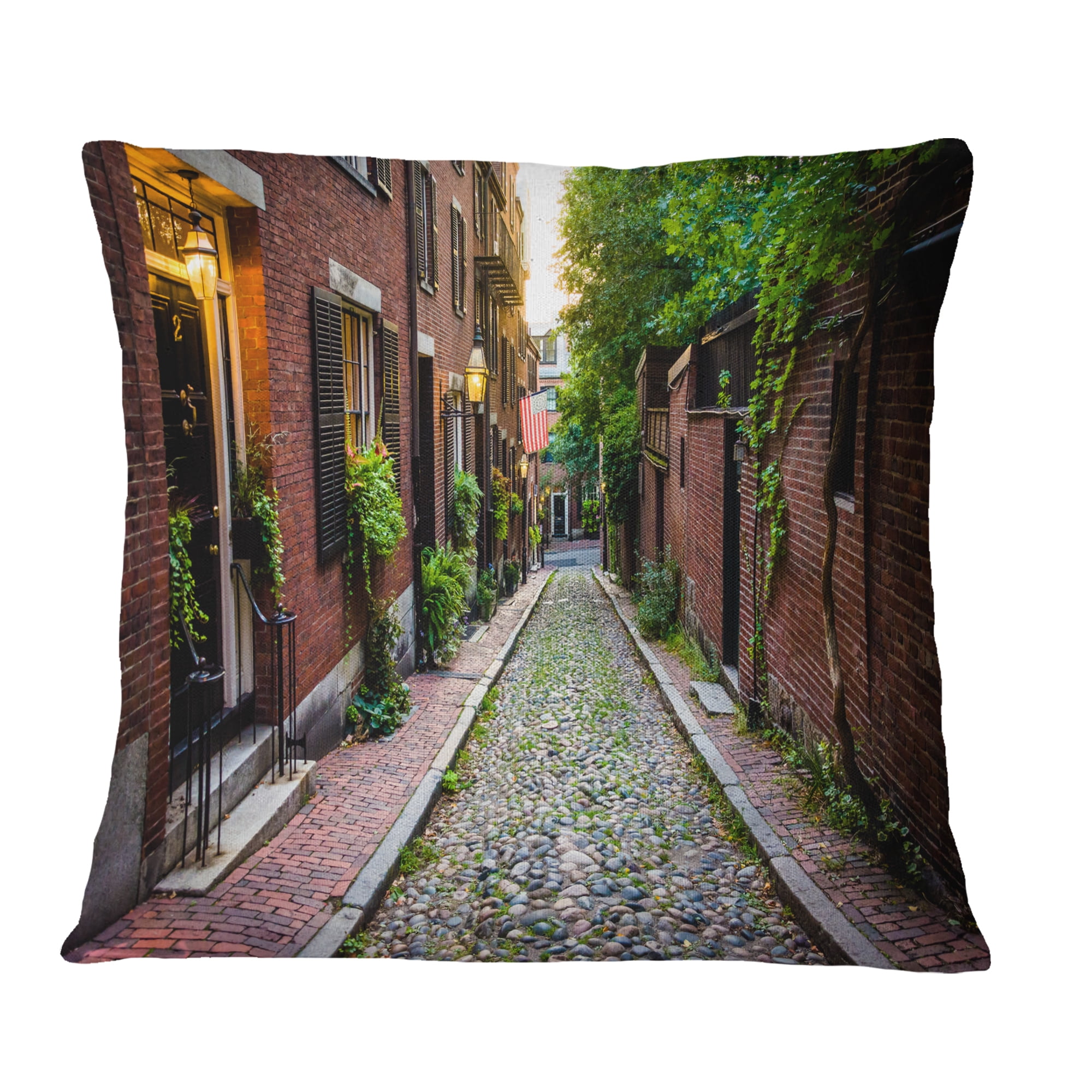 Designart Acorn Street Massachusetts - Landscape Printed Throw Pillow - 18x18
