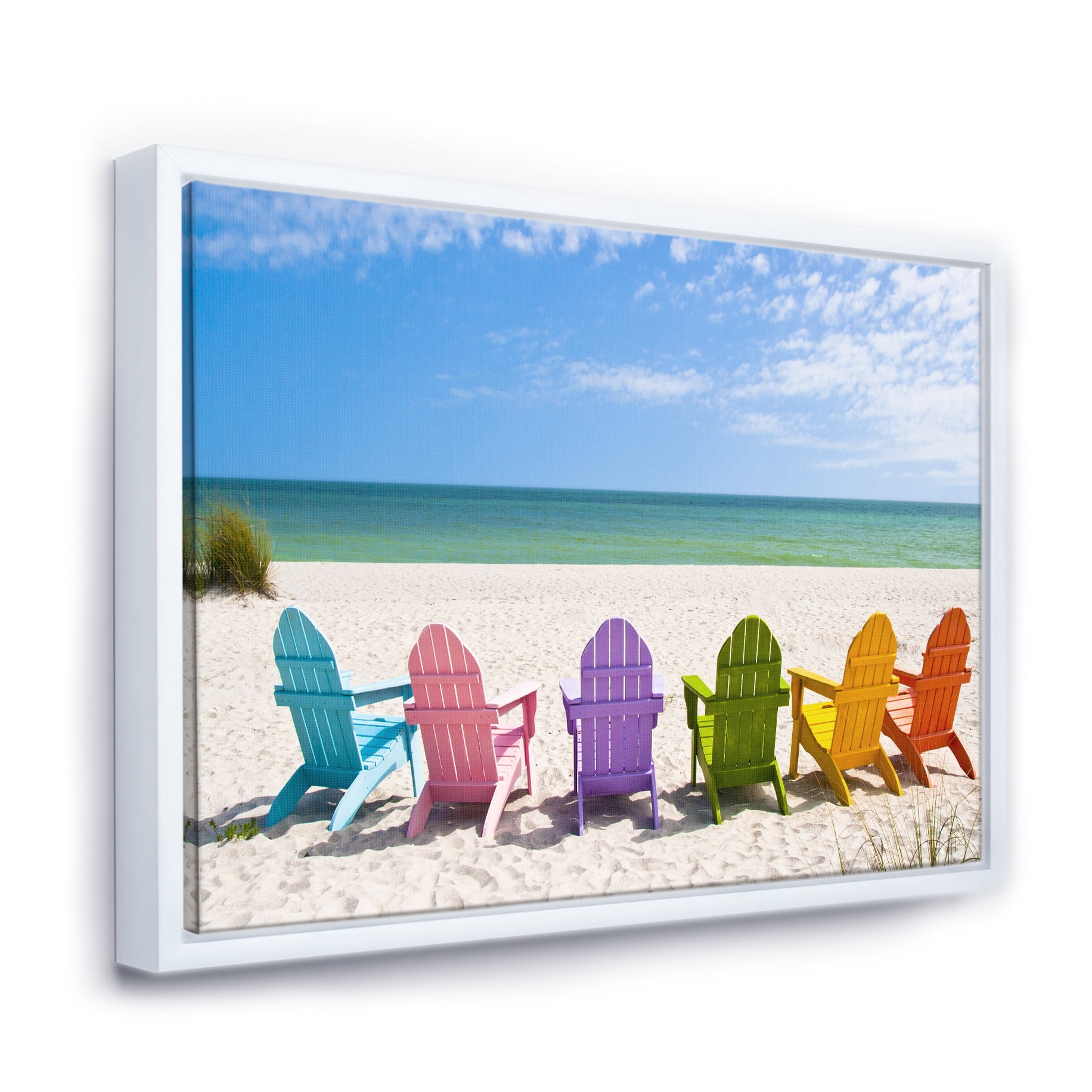 Designart ' Adirondack Beach Chairs ' Seashore Photo Framed Canvas Art Print