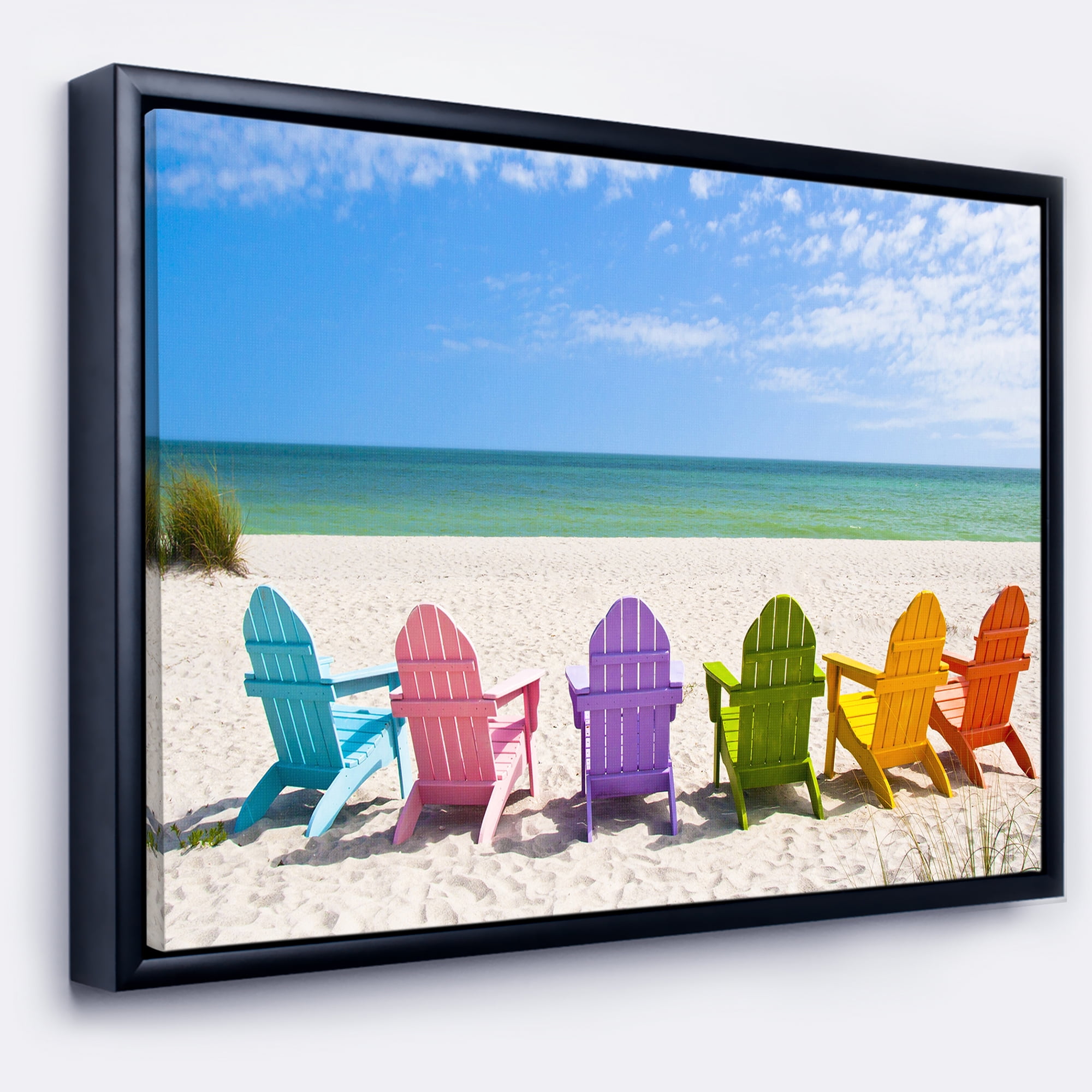 Designart ' Adirondack Beach Chairs ' Seashore Photo Framed Canvas Art Print