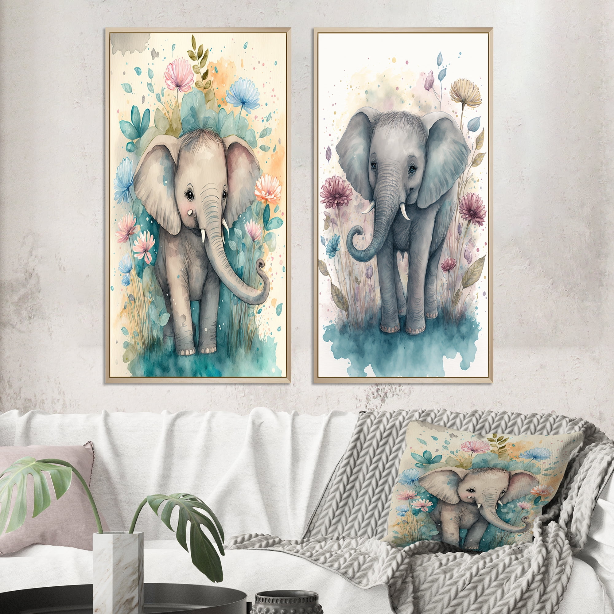 Designart "Adorable Baby Elephant in Floral Surroundings I" Animals