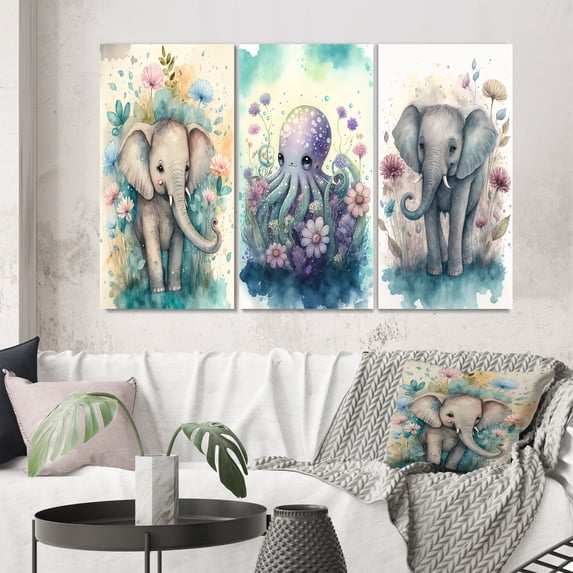 Designart "Adorable Baby Elephant in Floral Surroundings I" Animals Elephant Wall Art Set Of 3 - Elephant Grey Gallery Wall Set For Home Decor