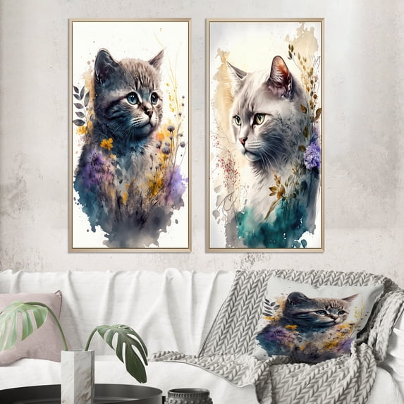 Designart "Adorable British Cat with Floral Touch I" British Shorthair Cat Framed Wall Art Set Of 2 - Multicolor Animals Framed Wall Art Set Of 2