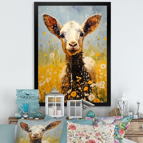 Designart "Adorable Caprine Image In Grassland I" Animals Goat Picture Framed Canvas Wall Art