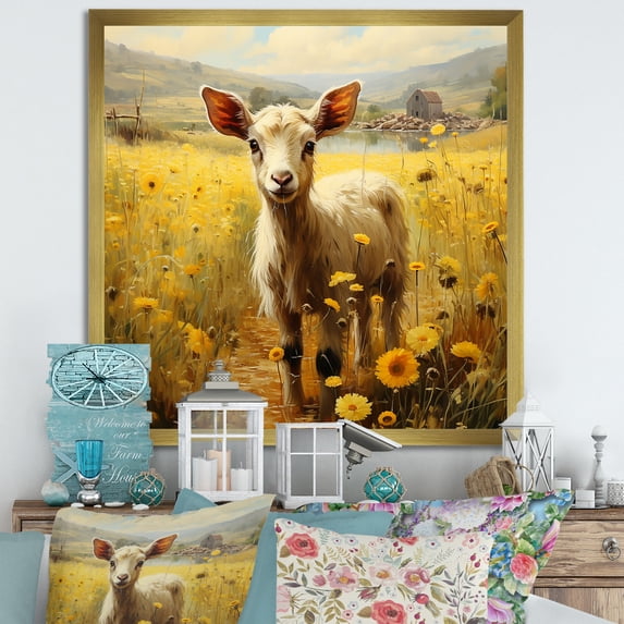 Designart "Adorable Caprine Image In Grassland II" Animals Goat Picture Framed Wall Art Prints