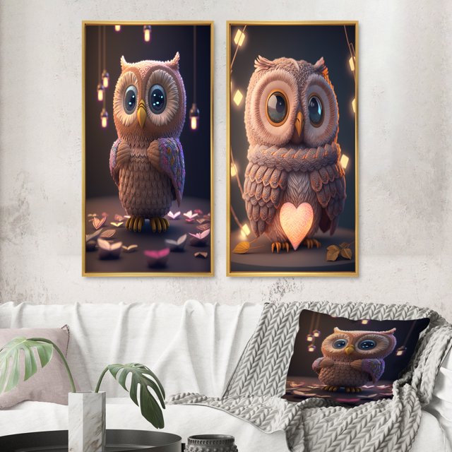 Designart "Adorable Knitted Pink Heart Owl IV" Animals Owl Framed Wall