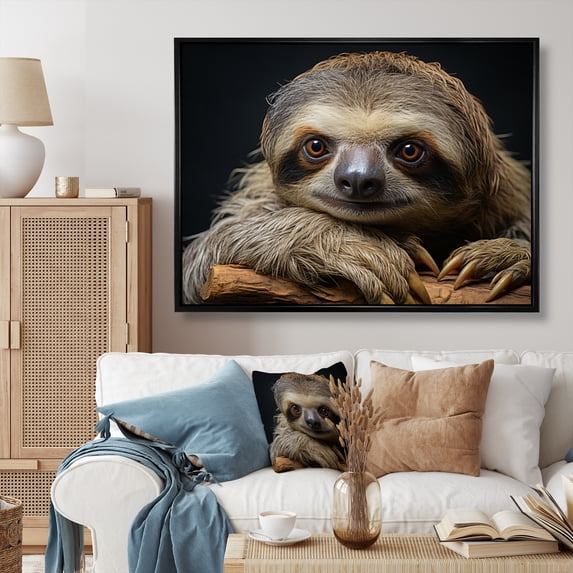 Designart "Adorable Sloth Portrait" Animals Floater Framed Canvas Wall Art