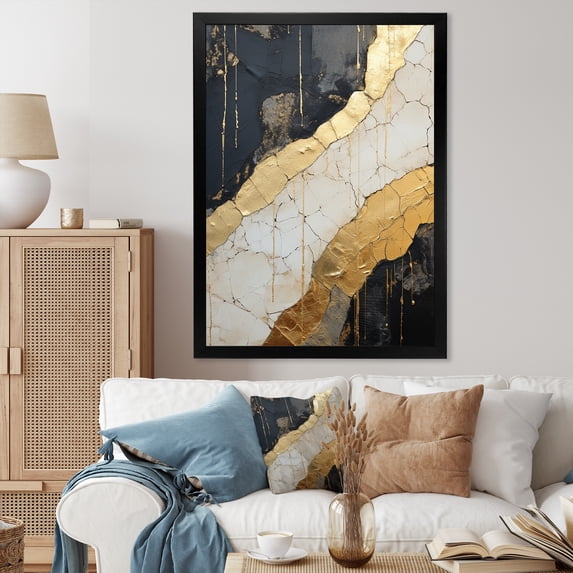 Designart "Adorned Gold And Black Pottery V" Abstract Spirals Picture Framed Wall Decor