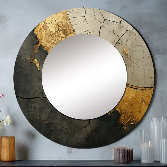 Designart "Adorned Gold And Black Pottery" Abstract Spirals Rund Mirror For Wall Decor - Large Black Round Print Mirror - Round Modern Mirror - Wall Mounted Round Large Mirror - 23" x 23"