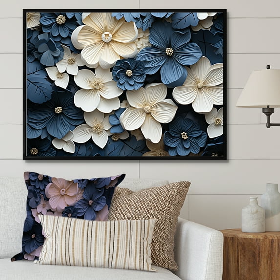 Designart "Adorned Violets In Blue And White" Violets Floater Framed Canvas Prints