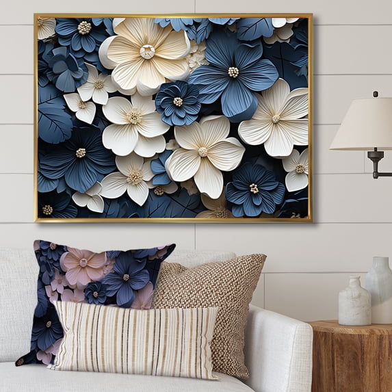 Designart "Adorned Violets In Blue And White" Violets Floater Framed Canvas Prints
