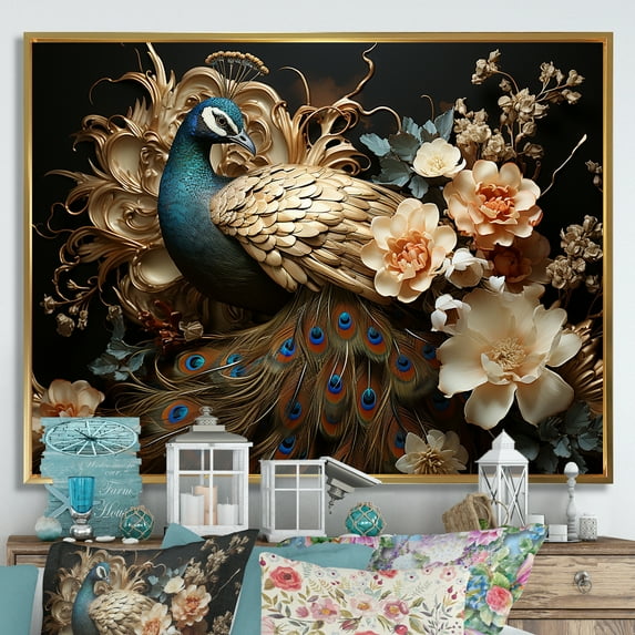 Designart "Adornment Of Classic Vintage Peacock Flowers I" Animals Peacock Floater Framed Wall Art Prints