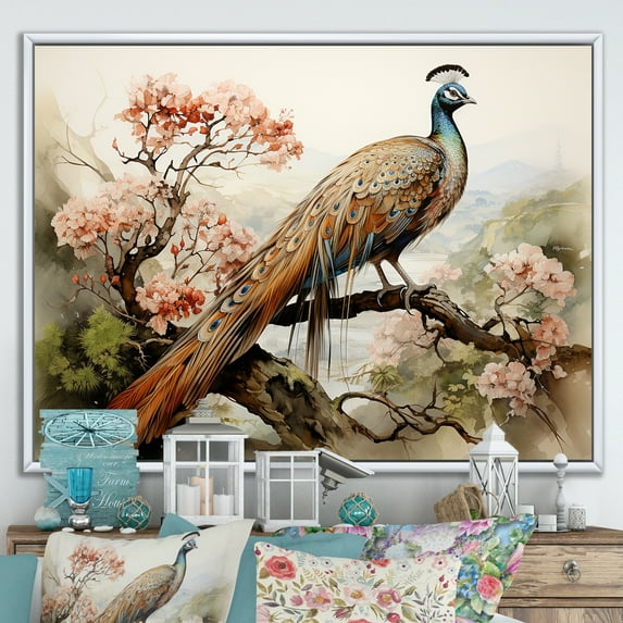 Designart "Adornment Of Classic Vintage Peacock Flowers II" Animals Peacock Floater Framed Wall Art Living Room