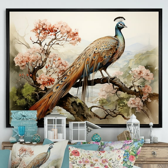 Designart "Adornment Of Classic Vintage Peacock Flowers II" Animals Peacock Floater Framed Wall Art Living Room