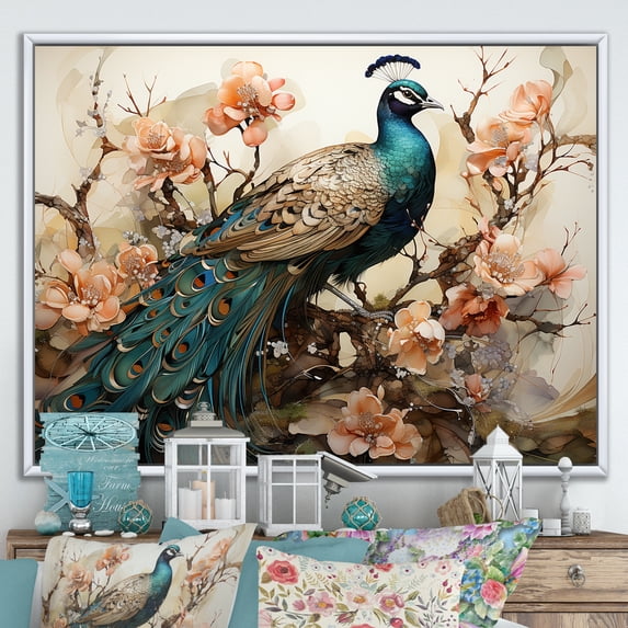 Designart "Adornment Of Classic Vintage Peacock Flowers III" Animals Peacock Floater Framed Canvas Wall Art