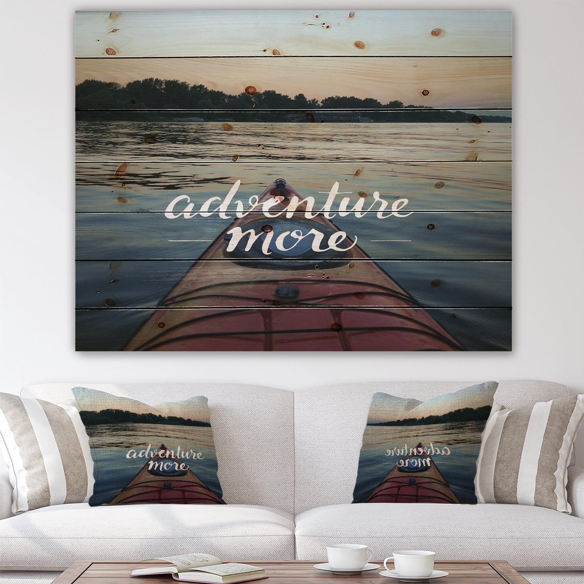 Designart 'Adventure More Kayak on River View' Nautical & Coastal Print on Natural Pine Wood