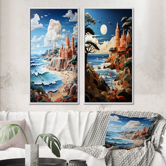 Designart "Adventure Papercut Coastal Seaside painting II" Beach & Ocean Framed Wall Art Set Of 2 - Multi-Color Beach Framed Canvas Set For Living Room Decor
