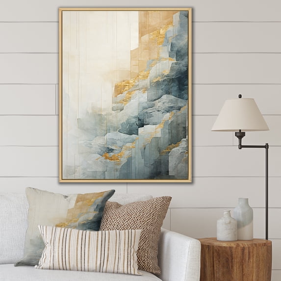 Designart "Adventure Scene: Waterfall in Gold & Grey I" Waterfall Floater Framed Wall Decor