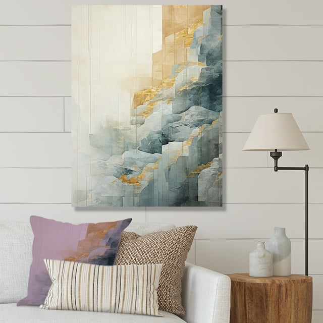 Designart "Adventure Scene: Waterfall in Gold & Grey I" Waterfall Wall Decor