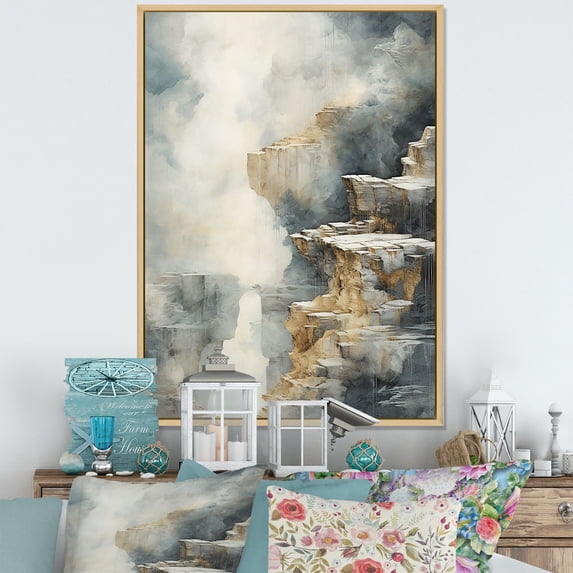 Designart "Adventure Scene: Waterfall in Gold & Grey II" Waterfall Floater Framed Canvas Art Print