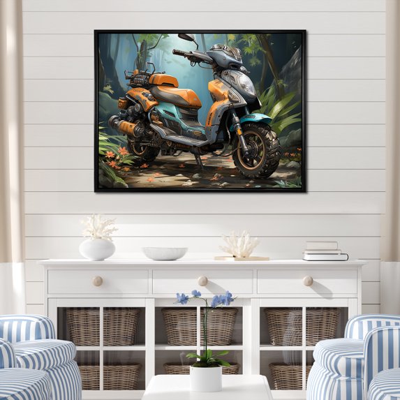 Designart "Adventure Seeker Scooter in the Wild I" Transportation Floater Framed Wall Decor